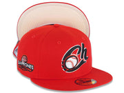 Charros de Jalisco New Era LMP 59FIFTY 5950 Fitted Cap Hat Red Crown/Visor Black/White/Metallic Red Logo 2022 Campeones Side Patch Light Yellow UV